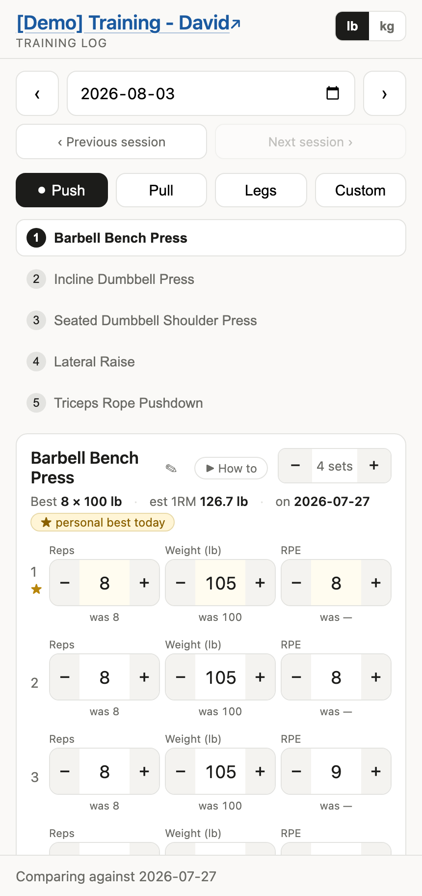 A Push session open in the admin view: date and session navigation, the day-type row with a dot on the day that has a session, the exercise list across the width, and the first exercise's card with its records, last-time values and note