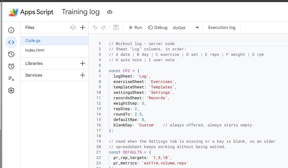 The Apps Script editor with Code.gs and Index.html