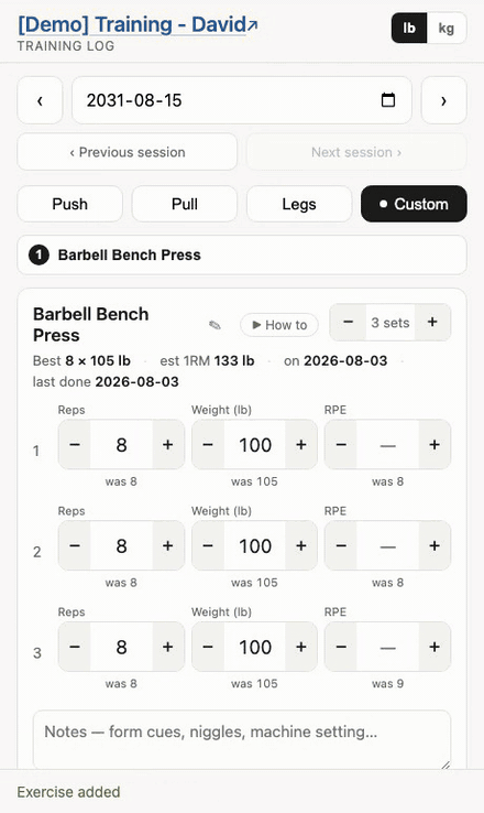 Reps and weight being stepped up on the first set, and the status bar reporting the row and values it read back