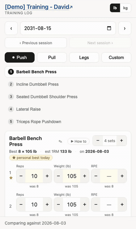 Moving through a session with the Next button and by tapping straight to an exercise in the list