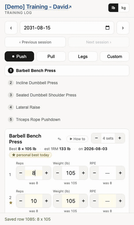 Stepping reps past the old record: the personal best tag appears and one set is starred