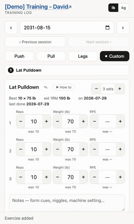 The pencil beside Lat Pulldown opening a full-width box, the name being retyped as Machine by the window, and the card reloading under the new name