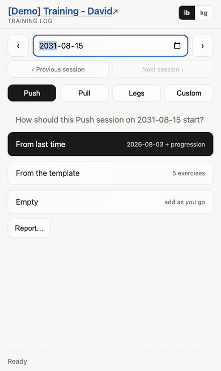 The start chooser offering From last time, From the template and Empty; choosing From last time builds the session