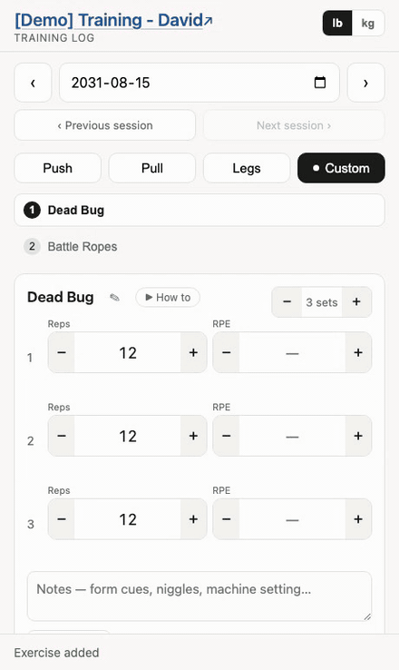 Two exercises on separate pages being paired into one superset card laid out round by round