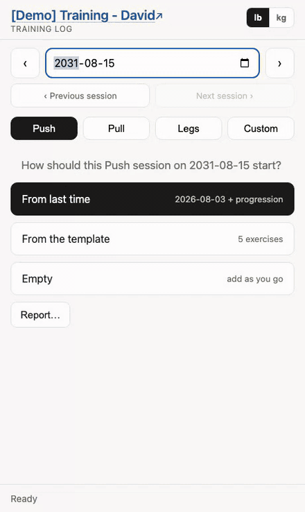 Starting a Push session from last week, stepping reps and weight up, and moving on to the next exercise