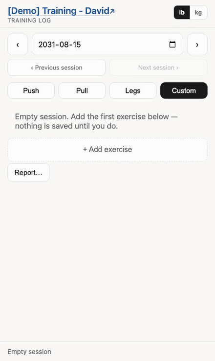 Adding Plank to an empty session: the toggles pick Seconds and Bodyweight from the Exercises tab, the weight box goes, and the seconds are set to 45