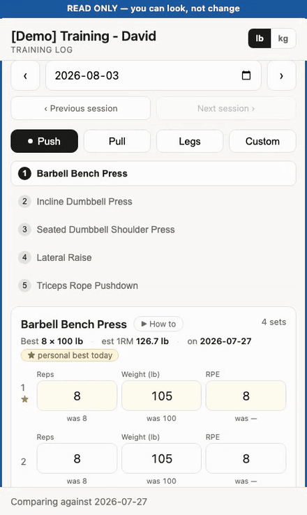 Moving through a logged session in the read-only view using the pager and the list of exercises