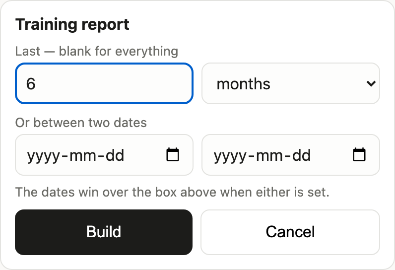 The report's period controls: a number box reading 6 with a months dropdown, two date pickers under it, and Build and Cancel buttons