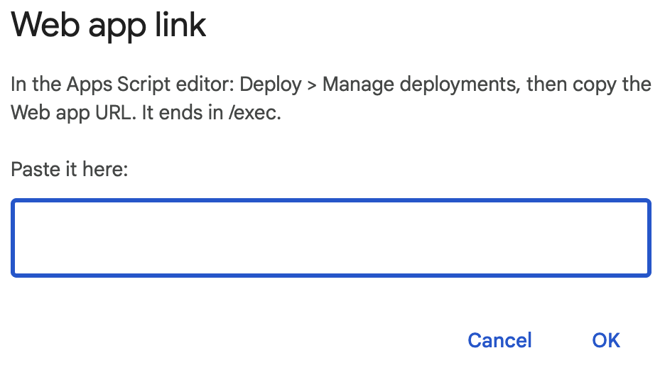 The Web app link prompt, asking for the URL ending in /exec