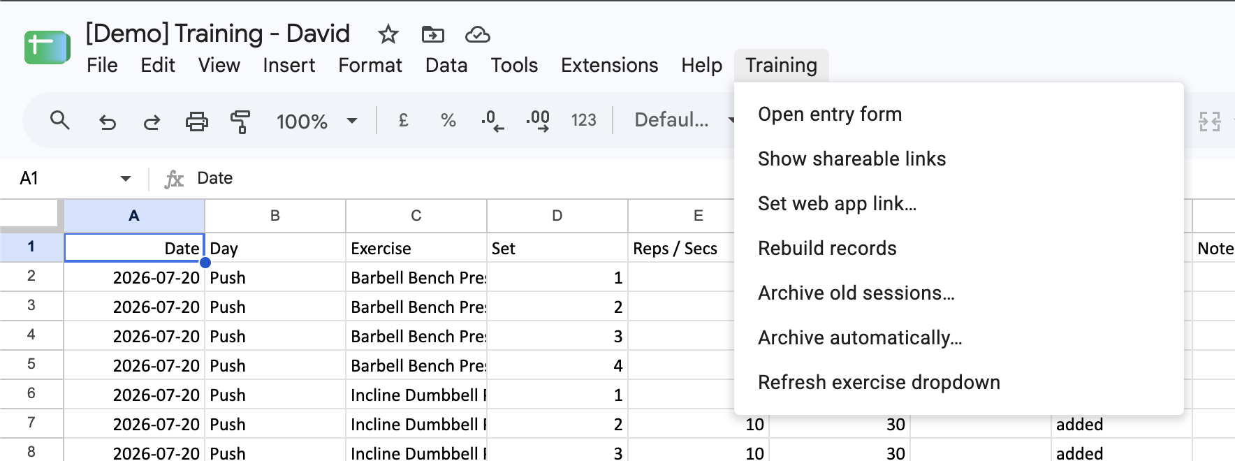 The Training menu open in Google Sheets